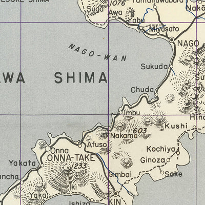 Alte Militärkarte von Okinawa vom 64. Engineer Base Topographic Battalion, 1945: Naha, Flugplatz Kadena, Ie Shima, Flugplatz Yontan, Kanna Saki