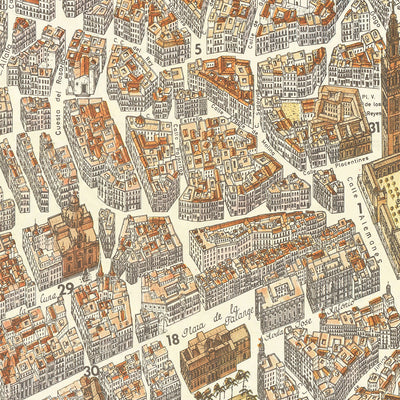 Mapa antiguo a vista de pájaro de Sevilla por Loeches y Navarro, 1964: Catedral, Alcázar, Plaza de Toros, Torre del Oro, Triana.