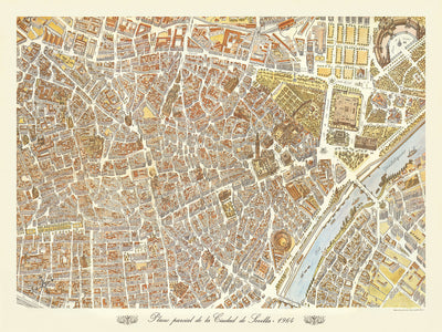 Mapa antiguo a vista de pájaro de Sevilla por Loeches y Navarro, 1964: Catedral, Alcázar, Plaza de Toros, Torre del Oro, Triana.