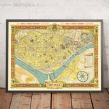 Antiguo mapa pictórico de Sevilla de Fuentes, 1950: Catedral, Torre del Oro, Triana, Alcázar, Guadalquivir