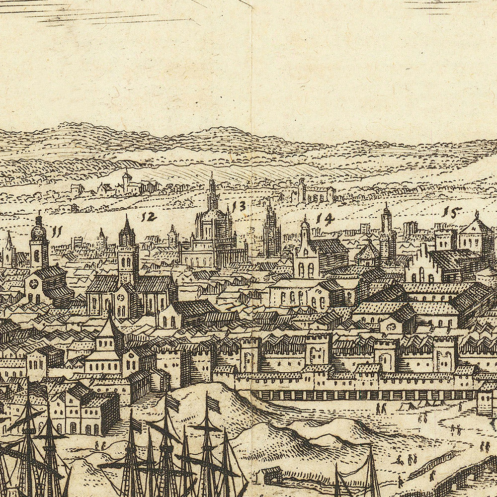 Antiguo mapa a vista de pájaro de Sevilla por Merian, 1638: Triana, Torre del Oro, Torre del Plata, La Lonja, El Alcázar
