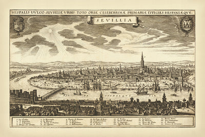 Ancienne carte à vol d'oiseau de Séville par Merian, 1638 : Triana, Torre del Oro, Torre del Plata, La Lonja, El Alcazar