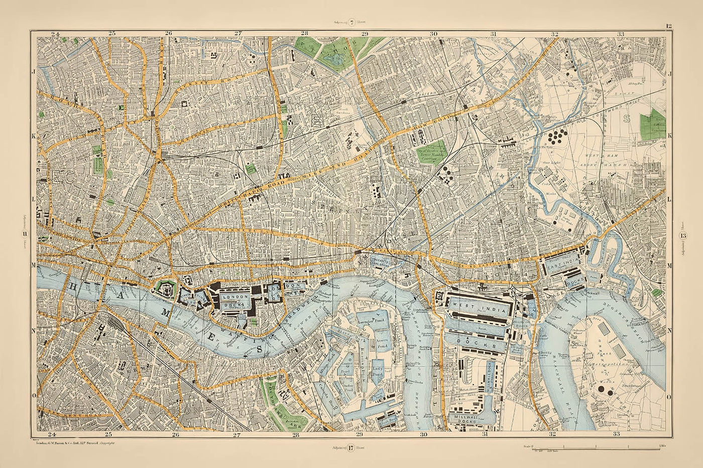 Old Map of East-Central London, 1900: Tower of London, The Thames, Isle of Dogs, London Docks, Shoreditch