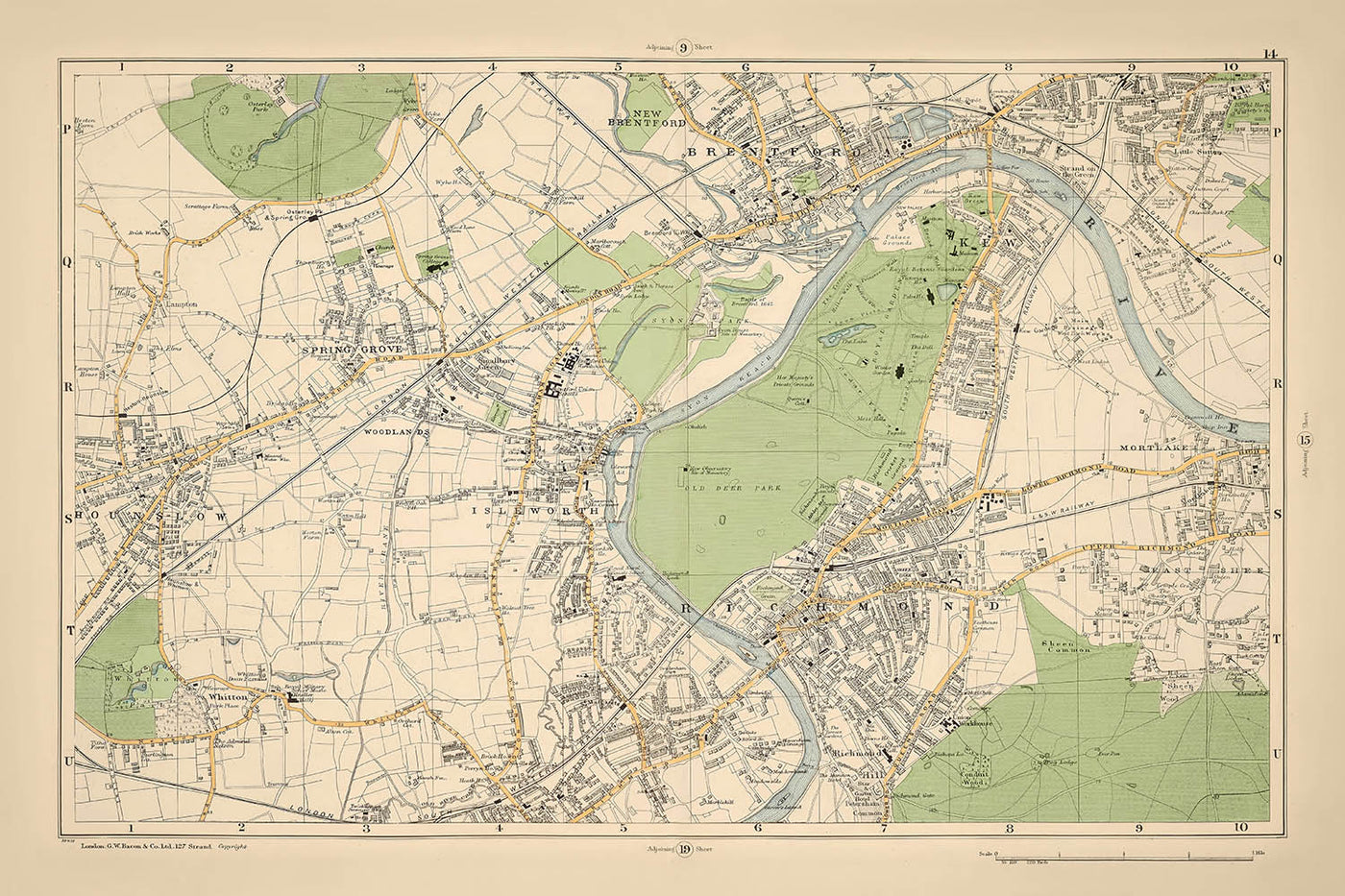 Mapa antiguo de Londres, 1900: Brentford, Richmond, Kew Gardens, Isleworth, Old Deer Park