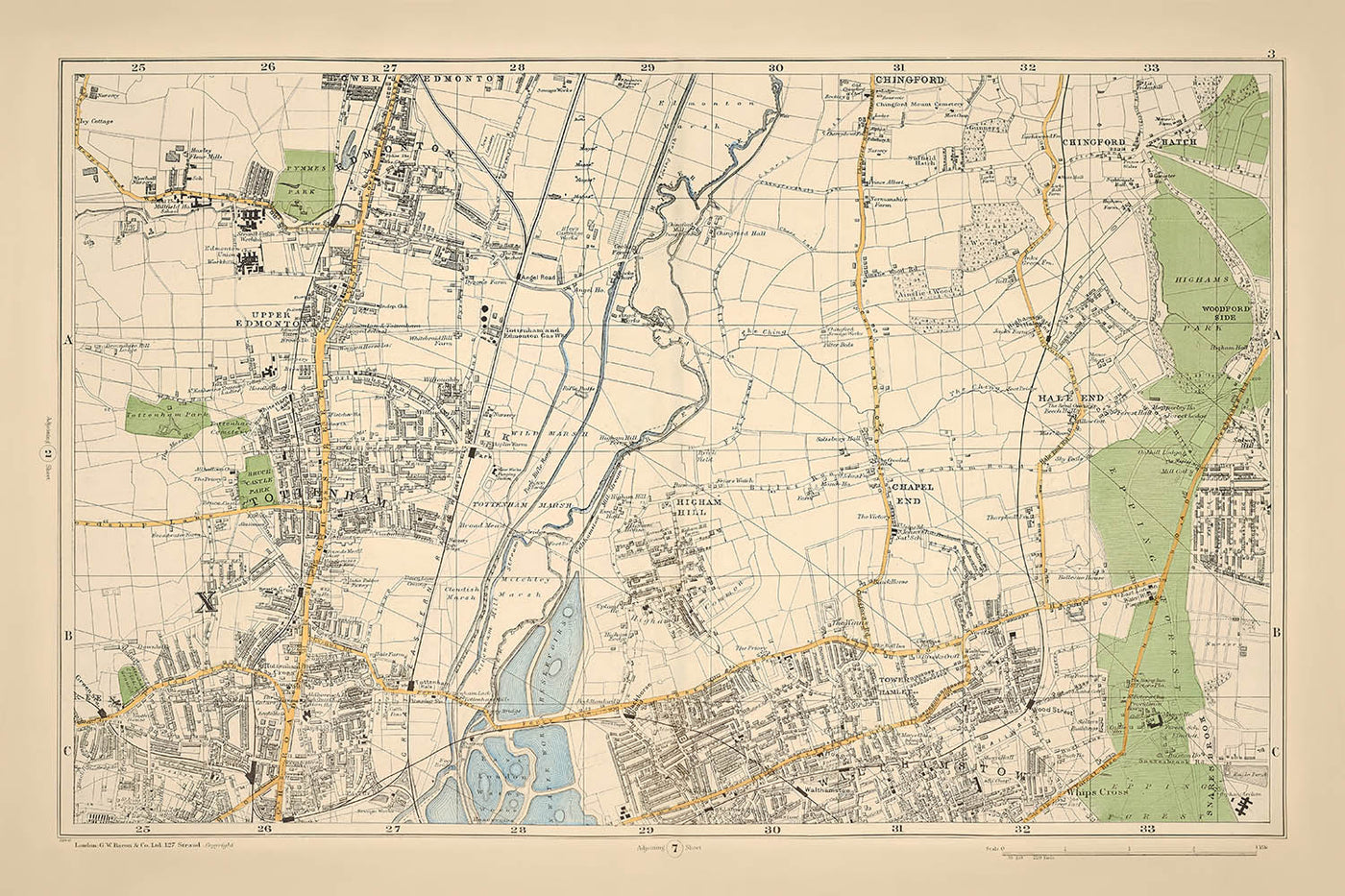 Mapa antiguo de Londres, 1900: Edmonton, Tottenham, Walthamstow, embalses, Woodford Park