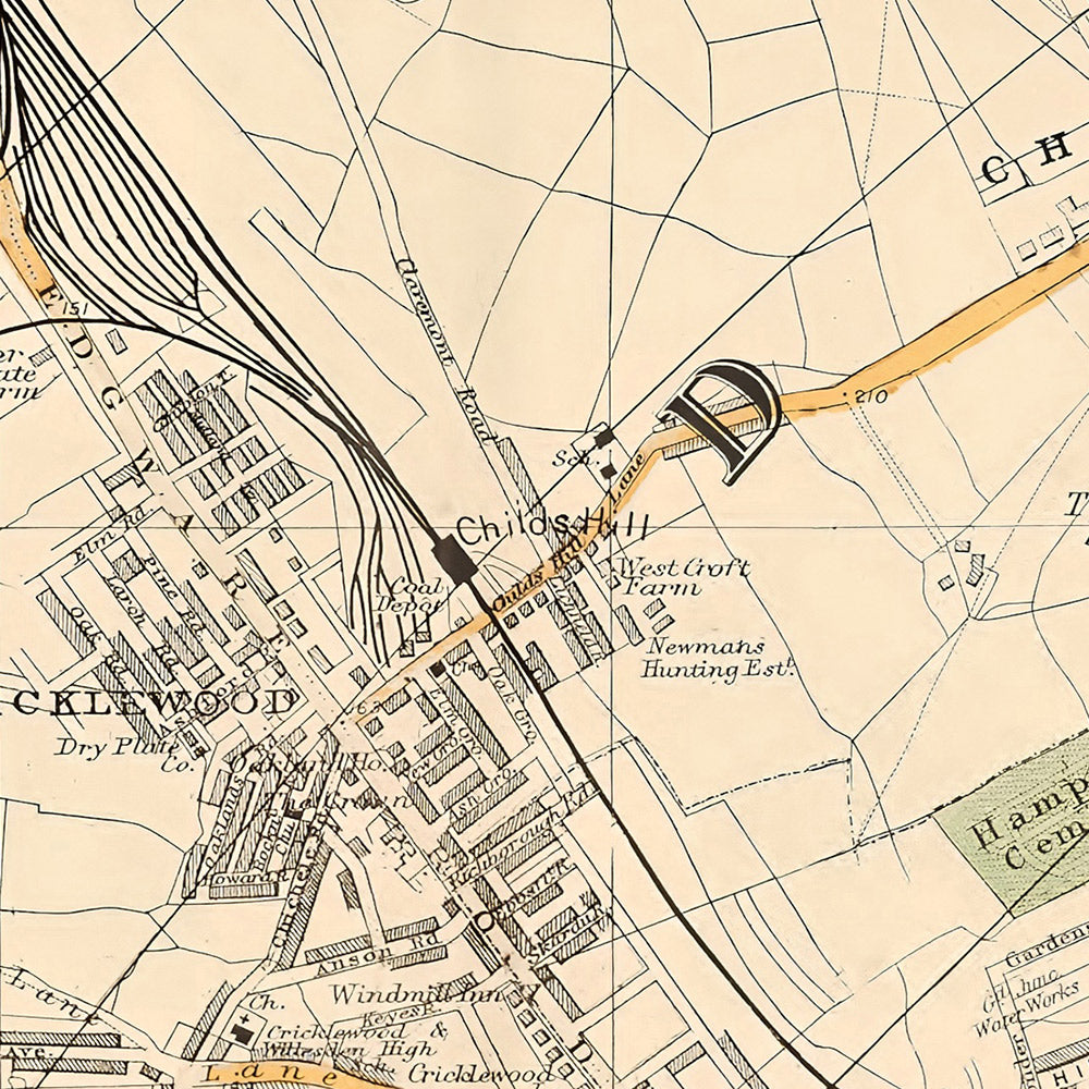 Alte Karte von London, 1900: Kingsbury, Hampstead Heath, Golders Green, Brent Reservoir, Willesden