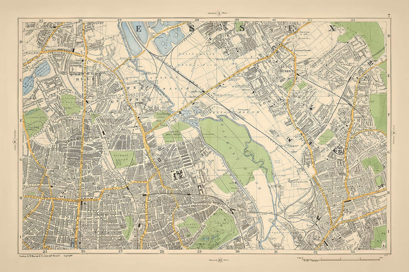 Old Map of East-Central London, 1900: Clapton, Hackney Downs, Lea Bridge, Stratford, London Fields