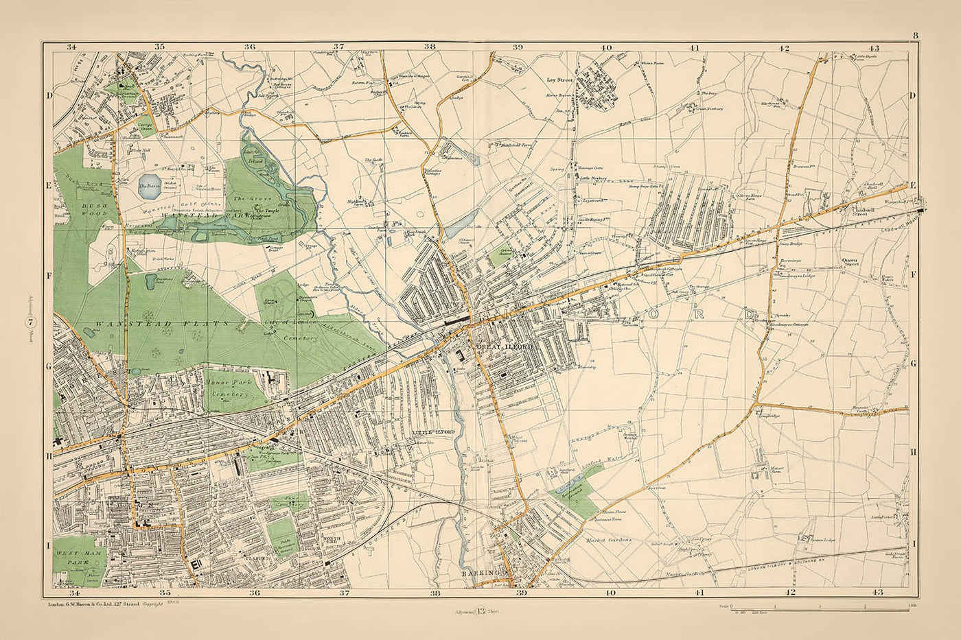 Mapa antiguo de Londres, 1900: Wanstead, Ilford, Barking, Wanstead Flats, West Ham Park