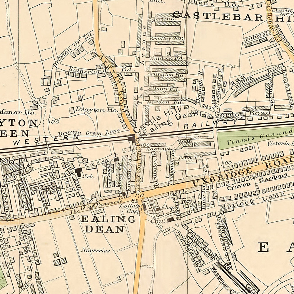 Ancienne carte de Londres, 1900 : Hanwell, Ealing, Acton, Osterley Park, Gunnersbury Park