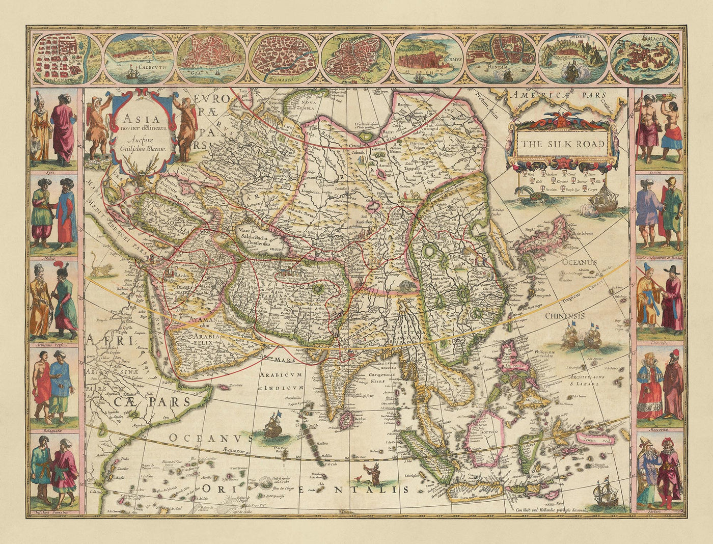 Mapa antiguo de la Ruta de la Seda por Blaeu, 1640: Samarcanda, Kashgar, Xi'an, Persia, China
