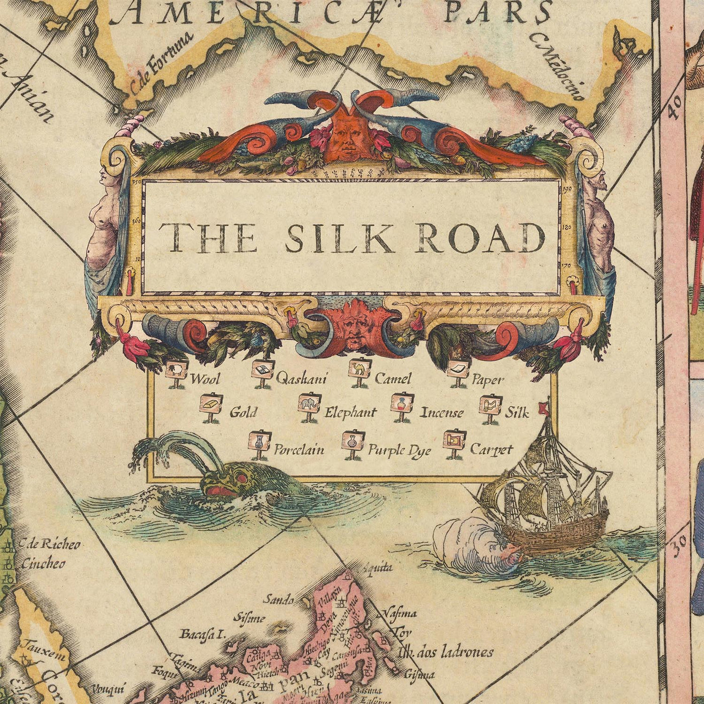 Alte Karte der Seidenstraße von Blaeu, 1640: Samarkand, Kashgar, Xi'an, Persien, China