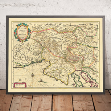 Mappa antica della Slovenia di Blaeu, 1640: Mare Adriatico, Golfo di Venezia, Lubiana, Trieste, Altopiano del Carso 
