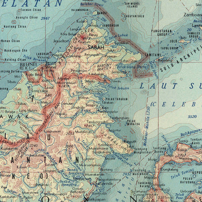 Carte du vieux monde de l'Asie du Sud-Est par le service topographique de l'armée polonaise, 1967 : représentation politique et physique détaillée, style cartographique artistique et large couverture géographique