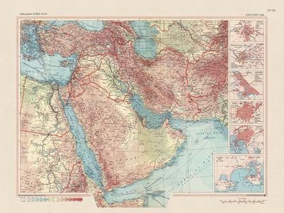 Alte Weltkarte von Südwestasien vom Polnischen Armee-Topographiedienst, 1967: Detaillierte politische und physische Karte des Nahen Ostens