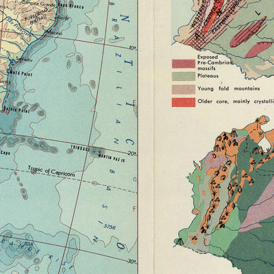 Carte du vieux monde de l'Amérique du Sud par le Service topographique de l'armée polonaise, 1967 : carte physique et politique détaillée avec éléments thématiques