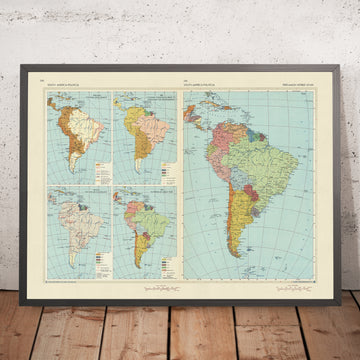 Mappa infografica antica del Sud America, 1967: Grafici politici, sviluppo coloniale, lotte per l&