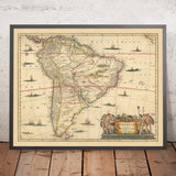 Antiguo mapa de América del Sur por Visscher, 1690: Brasilia, Buenos Aires, Islas Malvinas, Islas Galápagos, Selva Amazónica