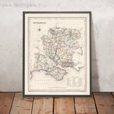 Mappa antica della contea di Southampton (Hampshire) di Samuel Lewis, 1844: Winchester, Portsmouth, Basingstoke 