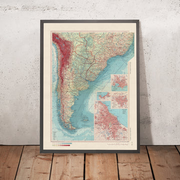 Mapa antiguo de la parte sur de América del Sur, 1967: Patagonia, Montevideo, Valparaíso, Santiago, Buenos Aires y Brasilia 