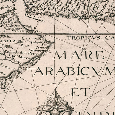 Mapa antiguo de Oriente Medio y el sur de Asia de Linschoten, 1595: detallado, ornamentado y de importancia histórica