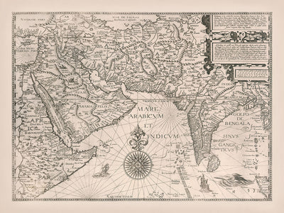 Mapa antiguo de Oriente Medio y el sur de Asia de Linschoten, 1595: detallado, ornamentado y de importancia histórica