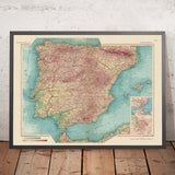 Antica mappa di Spagna e Portogallo, 1967: Madrid, Barcellona, Valencia, Siviglia, Lisbona 