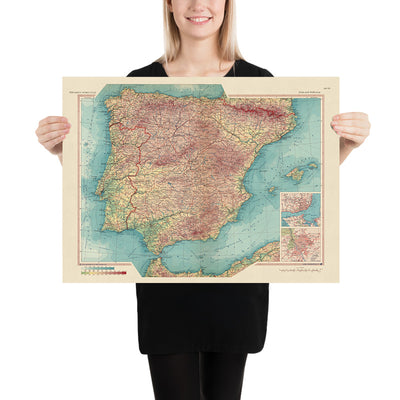 Mapa antiguo de España y Portugal, 1967: Madrid, Barcelona, Valencia, Sevilla, Lisboa