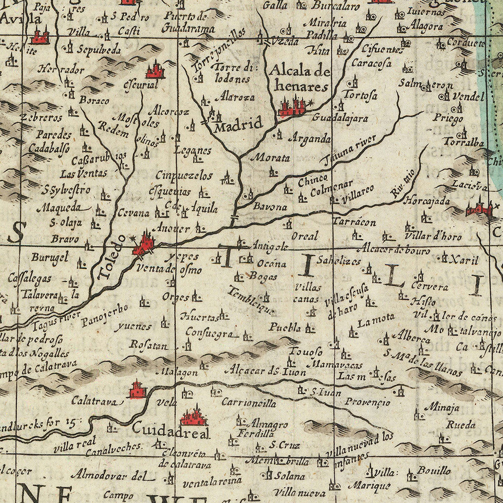 Old Map of Spain & Portugal by Speed, 1626: Madrid, Lisbon, Gibraltar, Biscayen Sea, Cultural Life