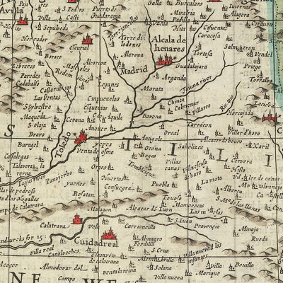 Mapa antiguo de España y Portugal de Speed, 1626: Madrid, Lisboa, Gibraltar, mar de Vizcaya, disfraces