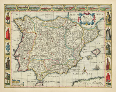 Ancienne carte de l'Espagne et du Portugal à grande vitesse, 1626 : Madrid, Lisbonne, Gibraltar, mer de Gascogne, costumes