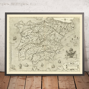 Antiguo mapa pictórico de España y Portugal de Zenoi, 1560: columnas de Hércules, Sevilla, Lisboa, Pirineos, monstruos marinos