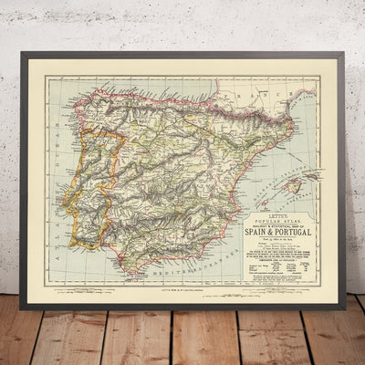 Ancienne carte thématique de l'Espagne et du Portugal, 1883 : Madrid, Lisbonne, Pyrénées, fleuve Guadalquivir, régions viticoles