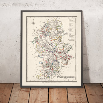 Mappa antica del Staffordshire di Samuel Lewis, 1844: Wolverhampton, Stoke-on-Trent, Lichfield, Tamworth, Cannock Chase 