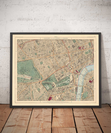 Old Colour Map of Central London, 1891 - Mayfair, Oxford Street, Westminster, Knightsbridge, Waterloo - W1, WC1, WC2, SW1, W2