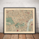 Antiguo mapa en color del centro de Londres, 1891 - Mayfair, Oxford Street, Westminster, Knightsbridge, Waterloo - W1, WC1, WC2, SW1, W2