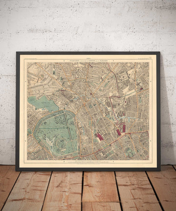 Vecchia mappa a colori del nord di Londra, 1891 - Camden, Regents Park, Primrose Hill, Kentish Town, Kings Cross - NW1 N1C N7 NW5 NW3 NW8 