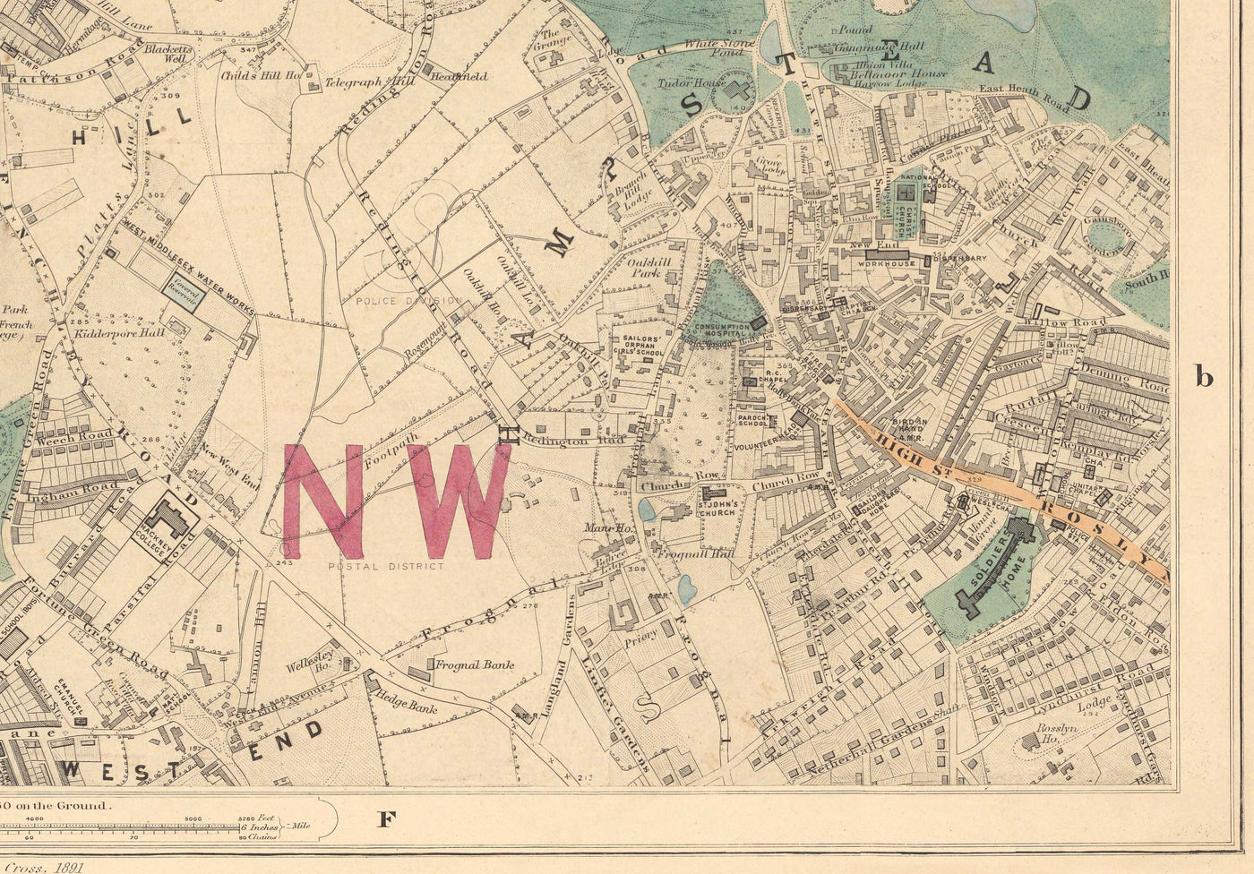 Alte Farbkarte von Nord-London, 1891 - Hampstead, Cricklewood, Golders Green, Brent - NW2, NW3, NW11, NW4