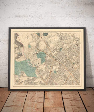 Alte Farbkarte von Nord-London im Jahr 1891 - Highgate, Hampstead Heath, Holloway, Crouch End - N6, N8, N19, N7, NW3 NW5 