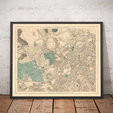 Ancienne carte en couleur du nord de Londres en 1891 - Highgate, Hampstead Heath, Holloway, Crouch End - N6, N8, N19, N7, NW3 NW5