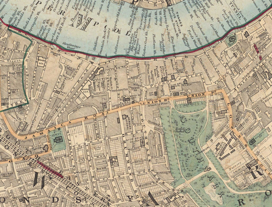 Mappa dei colori antica della città di Londra, 1891 - London Bridge, St Pauls, Liverpool St, Bank, Finsbury, Southwark - EC1 EC2 EC3 EC4 E1 SE1 