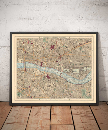 Ancienne carte en couleur de la ville de Londres, 1891 - London Bridge, St Pauls, Liverpool St, Bank, Finsbury, Southwark - EC1 EC2 EC3 EC4 E1 SE1