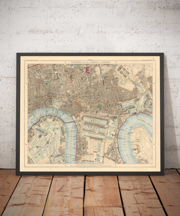 Old Colour Map of East London 1891 - Isle of Dogs, Tower Hamlets, Limehouse, Poplar, Canary Wharf, Surrey Quays - E1 E3 E14 SE16