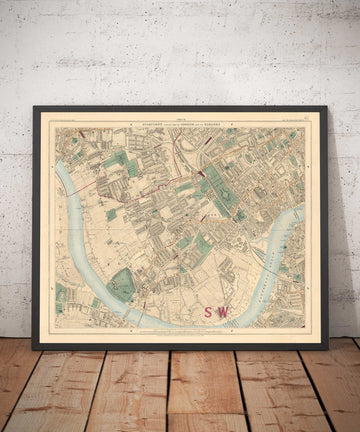 Mappa dei colori antica di Londra Ovest, 1891 - Fulham, Brompton, Battersea, Hammersmith - SW6, SW10, SW15, SW18, SW10, SW11, SW5, W6 W14 