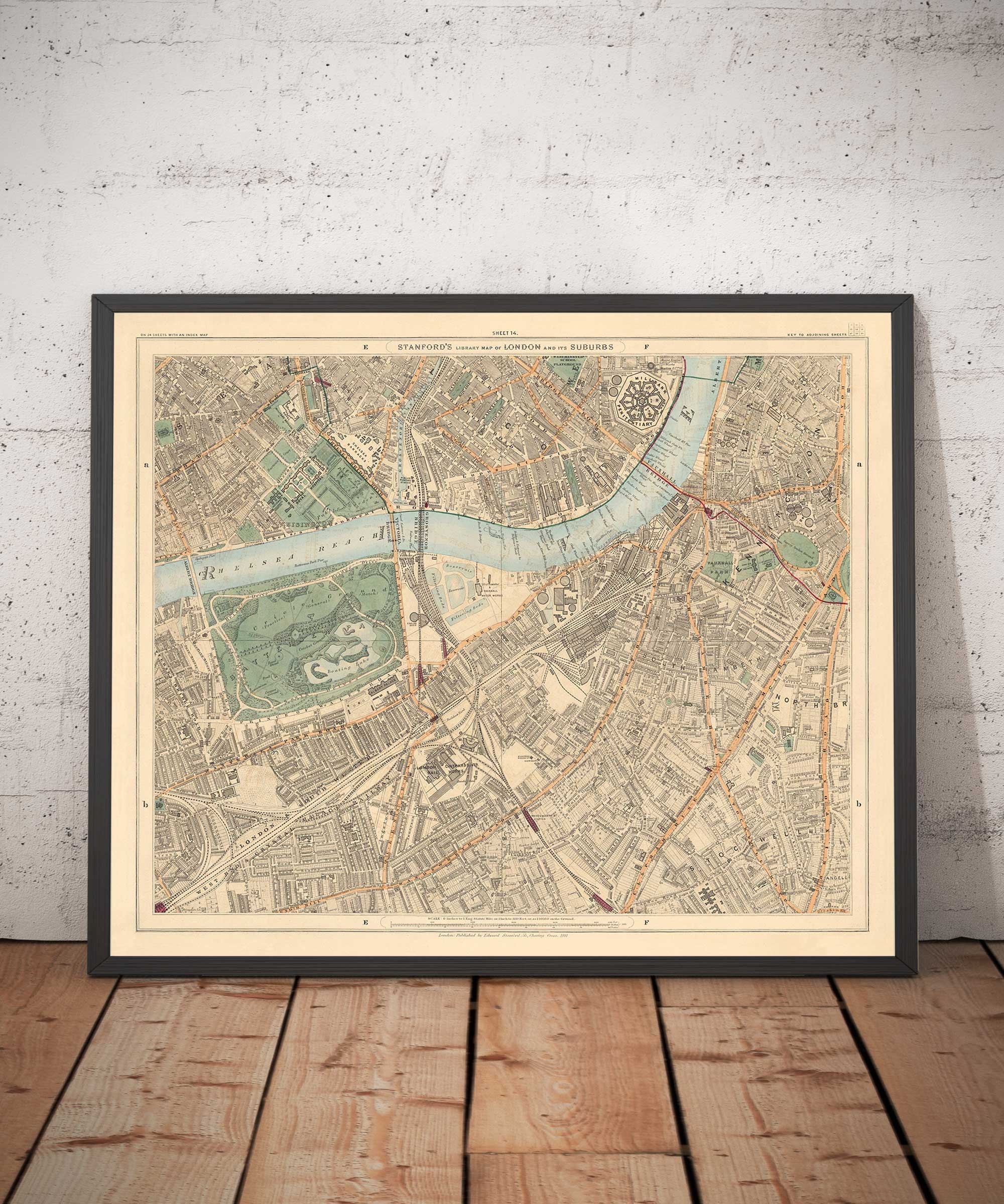 Ancienne carte couleur du sud de Londres en 1891 - Battersea, Chelsea ...