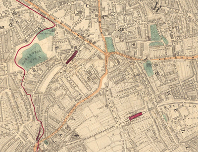 Alte Farbkarte von Süd-London im Jahr 1891 - Camberwell, Peckham, Walworth, Nunhead, Old Kent Road - SE5, SE17, SE15, SE1, SE16