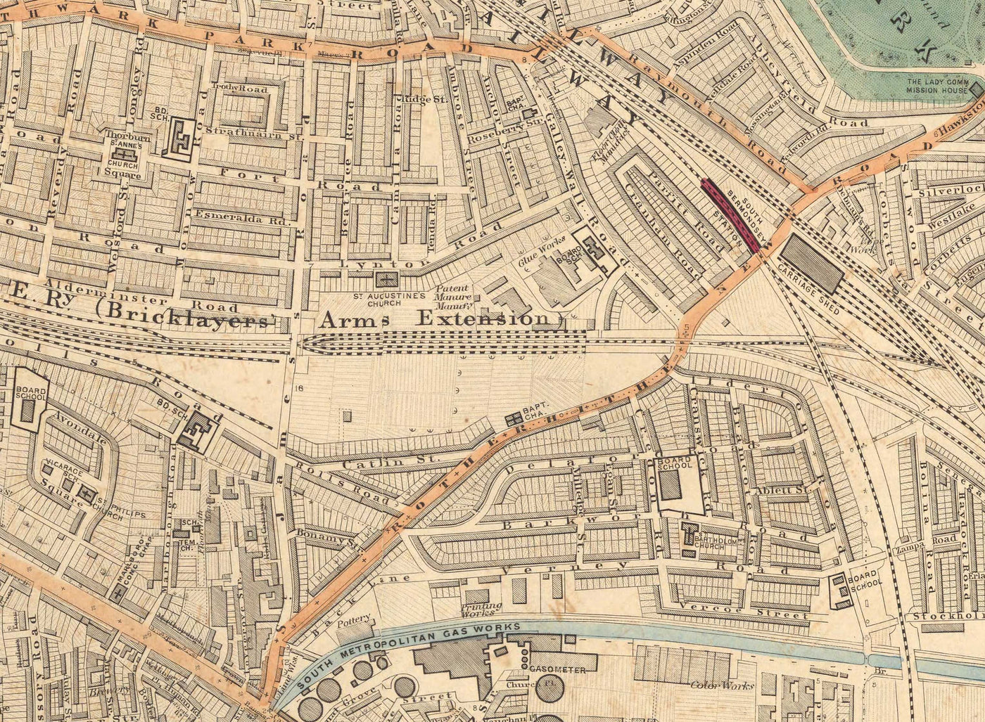 Ancienne carte en couleur du sud de Londres en 1891 - Camberwell, Peckham, Walworth, Nunhead, Old Kent Road - SE5, SE17, SE15, SE1, SE16