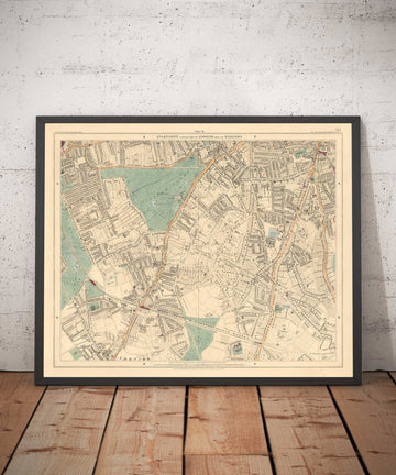 Alte Farbkarte von Südlondon, 1891 - Clapham, Balham, Brixton, Tooting, Common, Park - SW2, SW4, SW12, SW17, SW11 