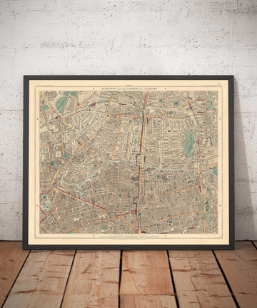 Vecchia mappa a colori di East London, 1891 - Hoxton, Haggerston, Dalston, Hackney, Bethnal Green, Shoreditch - N1, N5, E8, E2, EC1 