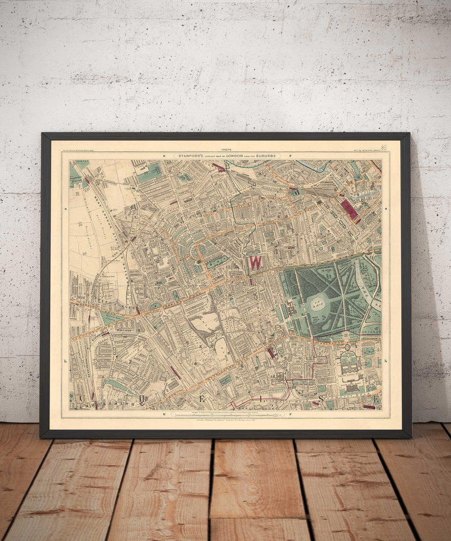 Mappa dei colori antica di West London - Notting Hill, Kensington, Portobello Road, Shepherds Bush, Bayswater - W11 W2 W8 SW7 W14 W6 W12 W10 