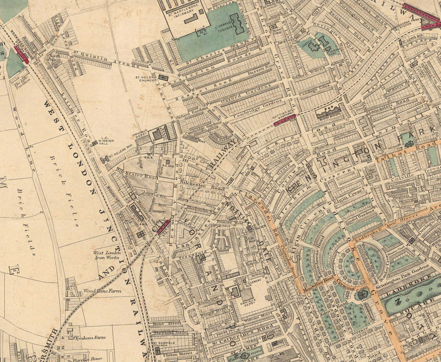 Mappa dei colori antica di West London - Notting Hill, Kensington, Portobello Road, Shepherds Bush, Bayswater - W11 W2 W8 SW7 W14 W6 W12 W10 